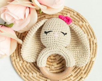 Personalized Crochet Baby Rattle Toys Gifts Custom Organic Wooden Hand Grip Early Educational Toys for Newborn Toddler Infant Boys Girls Son