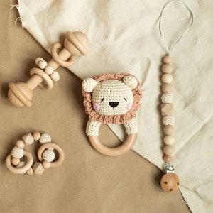 Crochet Lion Baby Gift Set / Wood Rattle / Baby Gift / Handmade ...