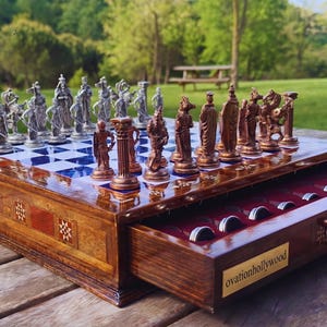 Chess With Storage, Personalized Wooden Keepsake | Metal Pieces | Velvet Lined Board, Roman Greek Ottoman