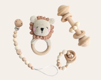 Baby Gift Set / 4 piece crochet Lion Baby Gift Set / Rattle Set / Baby Gift / Handmade / Sensory Toy/ Crochet Animals