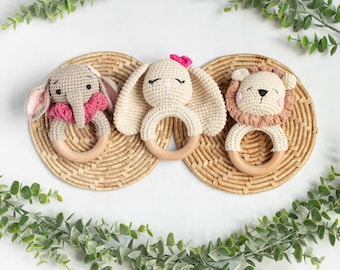 Personalized Animal Crochet Rattle | Baby Shower Gift | Custom Wooden Baby Rattle | Crochet Rattle Toy | Newborn Gift for Christmas | Toy