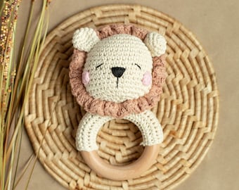 Crochet Animals Rattle, Wood Baby Rattle, Crochet Rattle Toy,  Newborn Gift, Teething Ring, Crochet Bunny, baby toy, Personalized Baby Gift