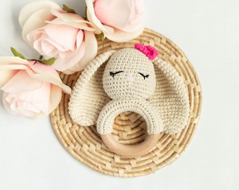 Crochet Animal Baby Rattle, Organic Wood Ring (Personalized Options)