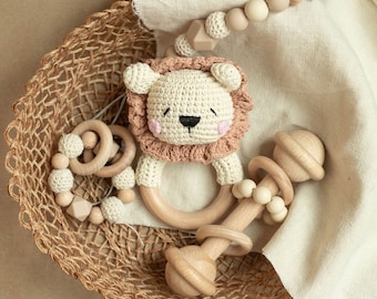 Baby Gift Set, 4 piece crochet Lion Baby Gift Set, Rattle Set,Handmade, Crochet Animals, Montessori Toy, Crochet Animal Rattle