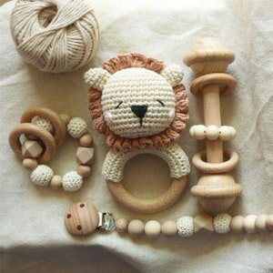 Baby Gift Set / 4 Piece Crochet Lion Baby Gift Set / Rattle Set / Baby ...