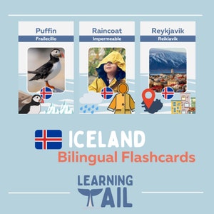 Découvrez des pays : l'Islande et 24 cartes mémoire bilingues anglais/espagnol pour enfants