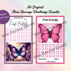 Può includere: Due fogli di sfida di risparmio digitale A6 stampabili con farfalle. Il primo foglio presenta una farfalla viola su uno sfondo scuro e il secondo foglio presenta una farfalla rosa su uno sfondo rosa chiaro. Ogni foglio ha una griglia di quadrati per tenere traccia dei risparmi.
