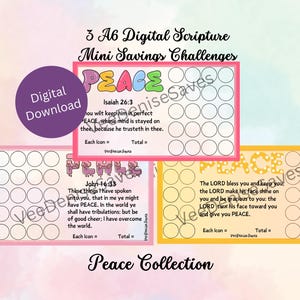 May include: Three printable digital scripture savings challenge cards with a pink, yellow, and orange background. Each card features a different bible verse about peace and a grid of circles to color in as you save money.