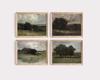 Konstgalleri med grön skog, väggkonst i vardagsrummet, set med 4 väggkonsttryck, set med utskrivbara konsttryck