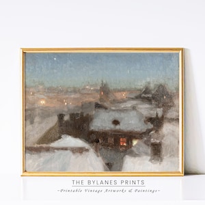 Vintage Rustic Winter Village Oil Painting, Warm Tone Winter Decor, Snowy Winter Landscape, PRINTABLE, Digital Prints