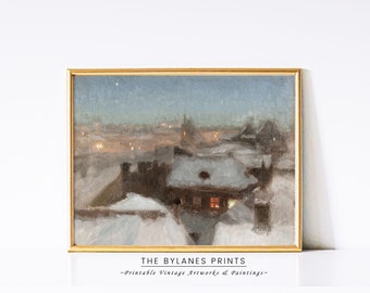 Vintage Rustic Winter Village Oil Painting, Warm Tone Winter Decor, Snowy Winter Landscape, PRINTABLE, Digital Prints