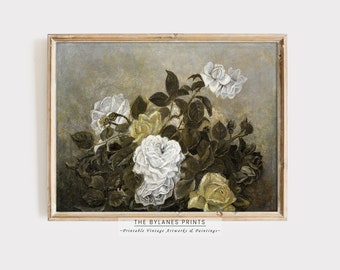 Rose Flower Painting, Neutral Rustic Flower Still Life, PRINTABLE, Farmhouse Cottage Aesthetic PRINTABLE, Digital Wall Art