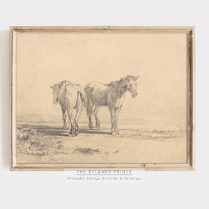 Vintage Horse Illustration | Horse Sketch Drawing | Antique Horse Art Print DOWNLOAD | Neutral Tone Art | Pencil Etching | PRINTABLE