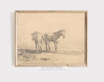 Vintage Horse Illustration | Horse Sketch Drawing | Antique Horse Art Print DOWNLOAD | Neutral Tone Art | Pencil Etching | PRINTABLE