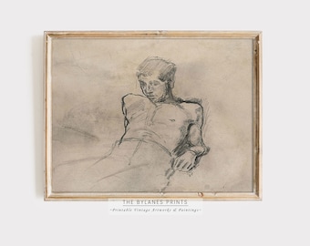 Vintage Male Sketch, Male Portrait Drawing, Male Body Study, Neutral Wall Art, Moody Artwork, Man Pencil Illustration, Instant Download