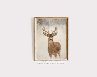 Vintage Deer in Winter Print, Deer Print, Farmhouse Christmas Wall Art, Country Painting, Printable Wall Art, Deer Art, Snowy Wall Art