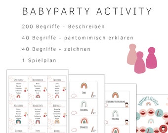 Baby party activity Explain drawing and charades with topics related to baby, children and pregnancy as a PDF