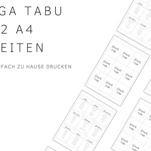 May include: A printable game set for a bachelorette party. The game is called "Habits Tabu" and is printed on 12 A4 pages. The text "Einfach zu Hause drucken" is printed on the page, which means "Easy to print at home".
