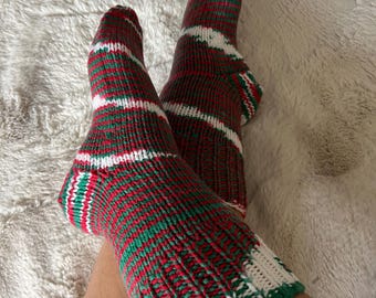 Hand  Knit Acrylic Socks/ Green, Red, White /Warm Winter Gift/ Christmas stockings