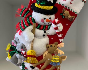 Personalized Felt Christmas Stocking: Bucilla Snowman &Friends , Handmade ornament , Custom Christmas Stocking