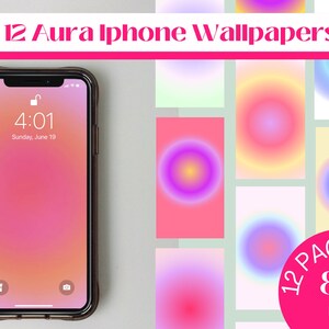 May include: A set of 12 iPhone wallpapers featuring colorful gradient circles with a pink, yellow, and blue color scheme. The text "12 PACK 8¢ EACH" is displayed on a pink circle.