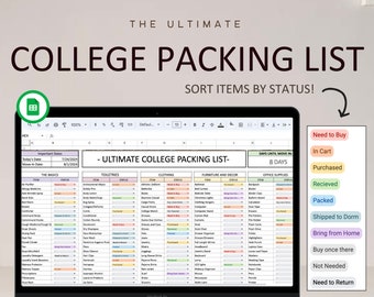 College Dorm Packing List | College Prep Packing List Tracker for Dorm Move | Instant Digital Download | Google Sheets | Fully Customizeable