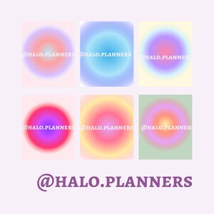 May include: Six colourful gradient circles with the text "@HALO.PLANNERS" in white on each circle. The circles are arranged in two rows of three. The background is a light purple colour. The text "@HALO.PLANNERS" is also displayed in purple at the bottom of the image.
