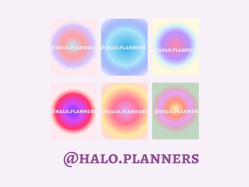 May include: Six colourful gradient circles with the text "@HALO.PLANNERS" in white on each circle. The circles are arranged in two rows of three. The background is a light purple colour. The text "@HALO.PLANNERS" is also displayed in purple at the bottom of the image.