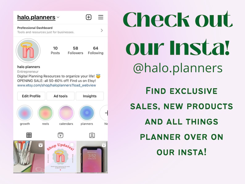 May include: A social media post for a business called halo.planners, which offers digital planning resources. The post features a colourful graphic with the text "Check out our Insta! @halo.planners" and a call to action to find exclusive sales, new products, and all things planner on their Instagram page.