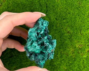 以下が含まれることがあります： ユニークなトゲトゲで層状の形成を持つ緑色のマラカイト結晶。結晶は深い緑色で、粗くて自然な質感です。