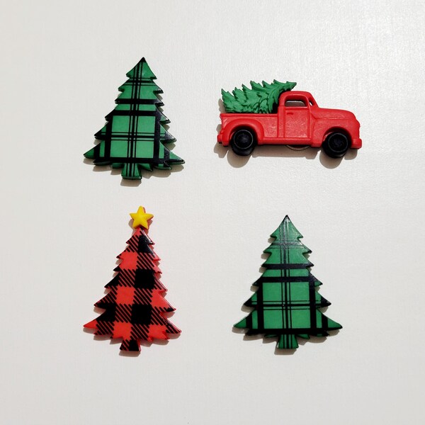 Refrigerator Christmas Trees & Truck set of 4 Refrigerator Magnets, frige Magnets, Strong Magnets. Christmas Magnets.  Housewarming gifts