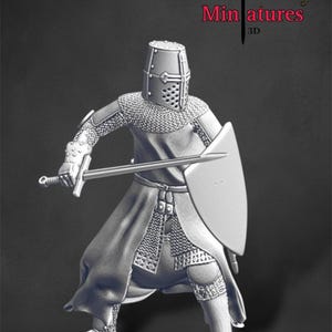 May include: A 3D printed miniature of a medieval knight in full armor, holding a sword and shield. The knight is wearing a helmet with a cross on the front. The miniature is made by Chivalry Miniatures 3D.