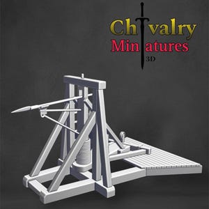 May include: A 3D printed model of a medieval siege weapon, a trebuchet, with a gray finish. The trebuchet is made of wood and has a long arm with a counterweight at the end. The arm is raised and ready to launch a projectile.