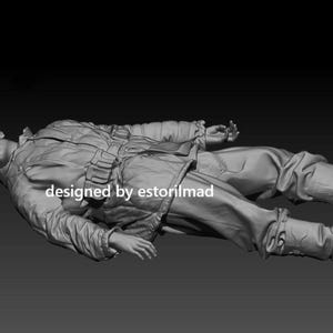 May include: A grayscale 3D model of a figure in a military uniform lying down. The figure is wearing a jacket, trousers, and boots. The text "Chivalry Miniatures" and "designed by estorilmad" are visible.