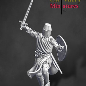 May include: A gray 3D miniature of a medieval knight in full armor, holding a sword aloft and a shield. The knight is standing on a small base. The image includes the text "Chivalry Miniatures 3D".