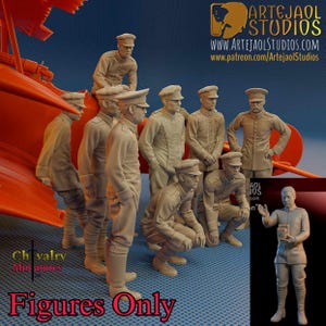 May include: A collection of beige-colored miniature figures of soldiers in uniform. The figures are in various poses, including standing, crouching, and looking at something. The text "Figures Only" is at the bottom of the image.