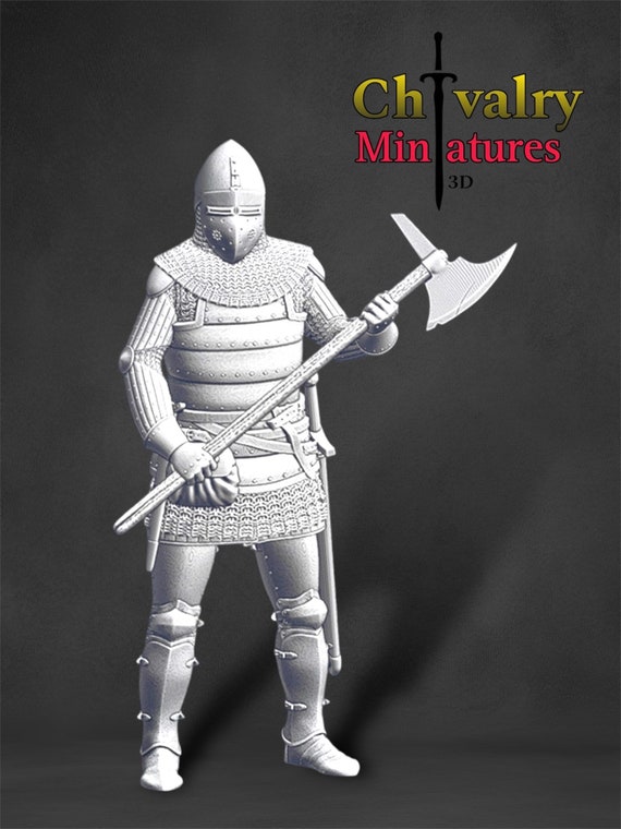 大斧を持った中世後期の騎士、歴史的 1/72、28 mm、32 mm、1/35、54 m