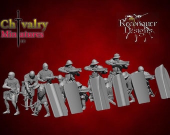 Könnte beinhalten: Ein Set mit 10 grauen Plastik-Miniaturfiguren von mittelalterlichen Soldaten, die Armbrüste und Schilde halten. Die Figuren sind Teil eines Sets namens "Chivalry Miniatures 3D" von "Reconquer Designs".