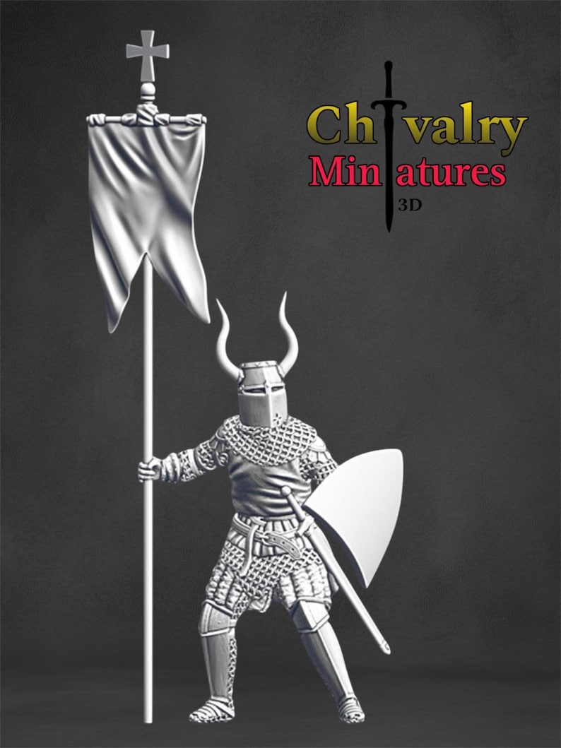 May include: A white 3D printed miniature of a knight in full armor holding a spear and shield. The knight is wearing a helmet with horns and a chainmail tunic. The miniature is standing on a gray base. The text "Chivalry Miniatures 3D" is visible in the background.