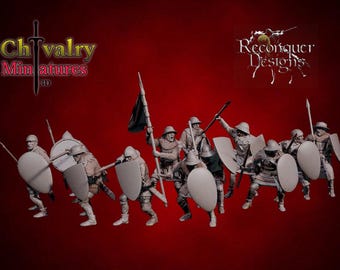 Könnte beinhalten: Eine Gruppe von 10 unbemalten Plastikminiaturen von mittelalterlichen Soldaten, die Schilde und Schwerter halten. Die Miniaturen sind Teil eines Sets namens "Chivalry Miniatures 3D" von Reconquer Designs.