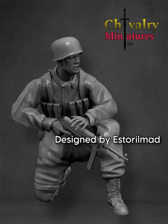 WW2ドイツ空挺兵 しゃがむMP40、降下猟兵 レジンフィギュア 1/48、1/35