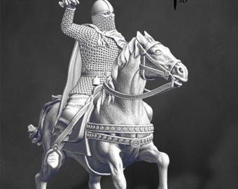 May include: A white 3D printed miniature of a medieval knight on horseback, wearing chainmail armor and a helmet with a face mask. The knight is holding a sword in his right hand and is riding a horse with a saddle and stirrups. The miniature is set against a dark gray background. The text "Chivalry Miniatures 3D" is visible in the upper right corner of the image.