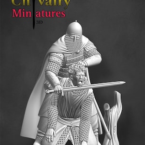 May include: A grayscale 3D miniature depicting a medieval scene of two armored figures. One figure, kneeling, is being held by another, who is holding a sword. The text "Chivalry Miniatures 3D" is displayed in yellow and pink.