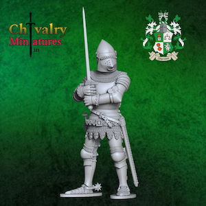 May include: A gray 3D printed miniature of a knight in full plate armor, holding a sword. The knight is wearing a helmet with a visor and a chainmail skirt. The miniature is standing on a green background.