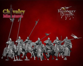 May include: A group of 9 gray plastic miniature figures of medieval knights on horseback, holding lances and swords. The figures are posed in a charging formation. The figures are from the company "Chivalry Miniatures" and "Reconquer Designs".