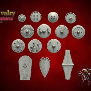 May include: A collection of 15 different shield designs for miniature figures. The shields are made of metal and have various patterns and textures. The shields are all in a grey colour.