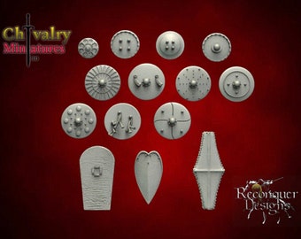 May include: A collection of 15 different shield designs for miniature figures. The shields are made of metal and have various patterns and textures. The shields are all in a gray color.