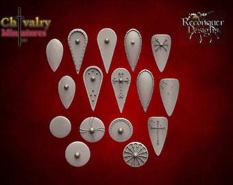 May include: A collection of 14 different shield designs for miniature figures. The shields are made of a light gray plastic and feature various designs, including crosses, stars, and geometric patterns.
