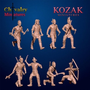 May include: A collection of miniature figurines depicting historical figures in various action poses. The figures are in a neutral color, with detailed clothing and weaponry. The text "Chivalry Miniatures 3D" and "KOZAK MINIATURES" are visible.