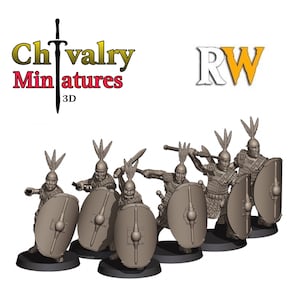 Pode incluir: Um grupo de miniaturas de soldados romanos, cada um segurando um escudo e uma arma, com capacetes emplumados. As figuras estão em posição de combate. O texto "Chivalry Miniatures 3D" está no canto superior esquerdo.